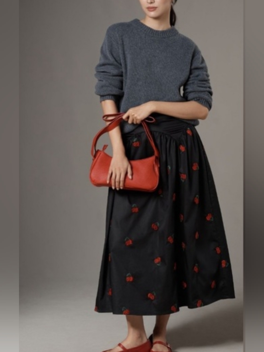 Avec Les Filles Black Cherry-Embroidered Full Skirt - Picture 9 of 12